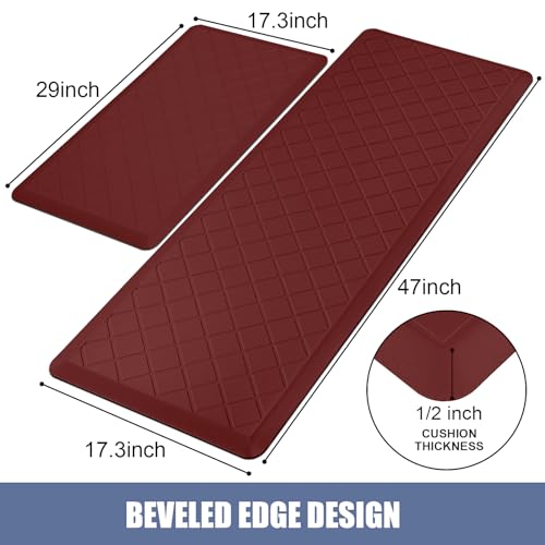 WEZVIX Cushioned Kitchen Mat 2 PCS, Anti Fatigue Kitchen Rugs, Heavy Duty Kitchen Rugs and Mats Non-Skid, Ergonomic Comfort Foam Kitchen Floor Mat for Home, Office, Sink, Laundry, Red