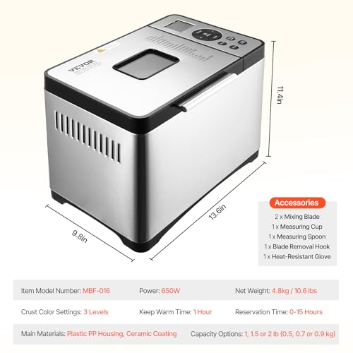 Image of VEVOR Bread Maker, 19-in-1 2LB Dough Machine, Nonstick Ceramic Pan Automatic Breadmaker with Gluten Free Setting, Whole Wheat Bread Making, Digital, Programmable, 3 Loaf Sizes, 3 Crust Colors