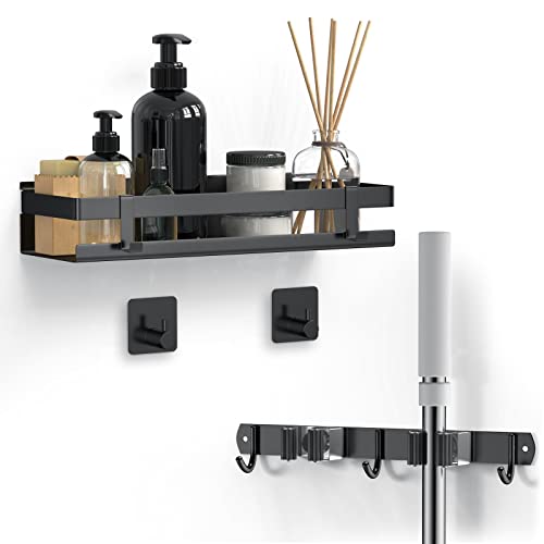 SAEYON [2 Stück] 1 Duschregal Edelstahl & 1 Besenhalterung Wand Edelstahl, 30cm Duschablage ohne Bohren mit 4 Haken + 28cm Besenhalter Gerätehalter, 3 Möglichkeiten zur Installation, Schwarz Cover