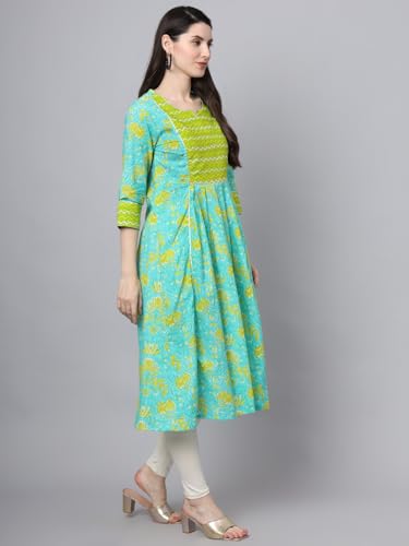 Image of JAPER KURTI Womens Pure Cotton Jaipuri Floral Print Aline Blue Color Kurta