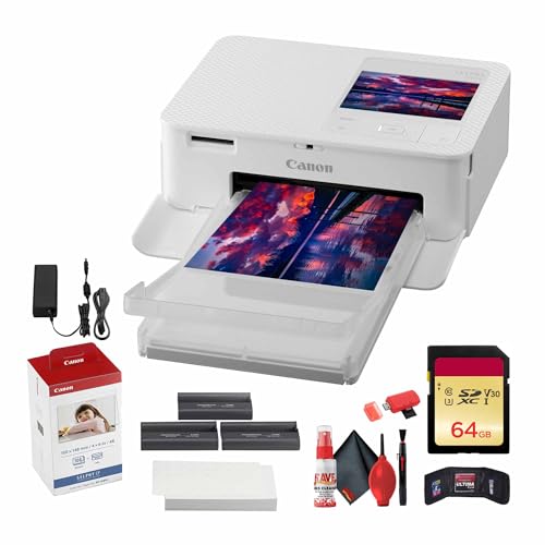 Canon SELPHY CP1500 Compact Photo Printer (White) (5540C002) KP-108IN Color Ink and Paper Set + 64GB