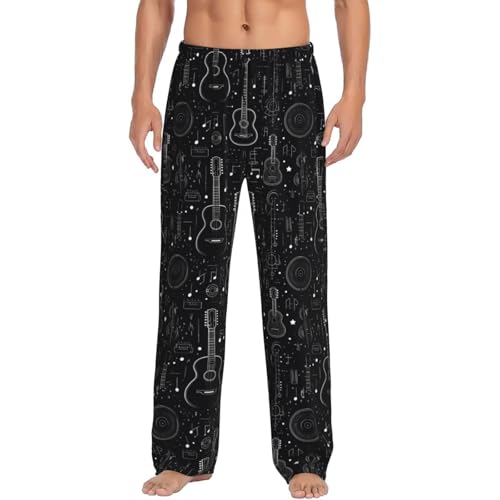Mens Pajama Pants - Cool Black Guitar Print Soft Sleep Lounge Pants For Men, Casual Pj Bottoms With Pockets4