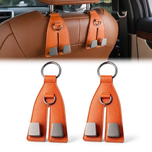 Image of Premium Leather Wrapped Design (Orange, 2pcs) | Double Hook Storage | Space Saving Car Organizer | Easy Headrest Installation
