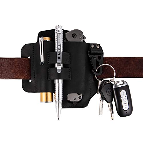 Keypster EDC Leather Sheath for Leatherman multitools,Key holder belt loops leather sheath for flashlight+multitool+knives+pen+tool,Shawsann pocket organizer knife sheath and flashlight holster (BK)