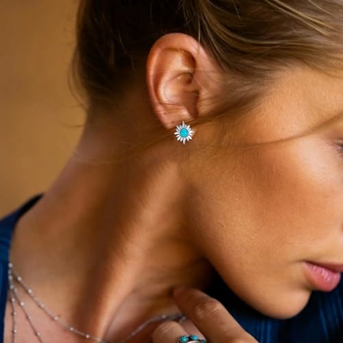 Genuine Turquoise Studs Earrings, Sterling Silver Vintage Western Jewelry December Gemstone Birthstone Birthdays Gift2