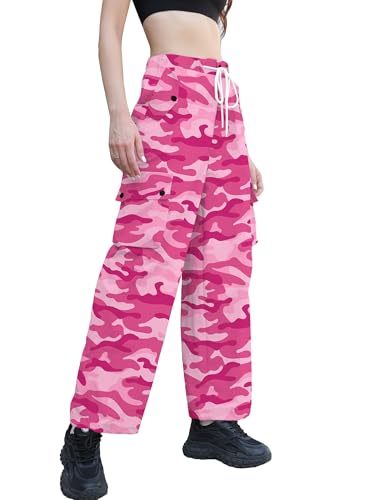 Image of Betusline Girls & Women's High Waist Wide Leg Cargo Pants Y2K Parachute Pants with Pockets and Drawstring 6 Years-Women 2XL