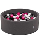 KiddyMoon OK30D-073 Bällebad 90X30cm/200 Bälle ∅ 7Cm Bällepool Mit Bunten Bällen Für Babys Kinder Rund, Dunkelgrau:Weiß/Schwarz/Silber/Dunkelpink
