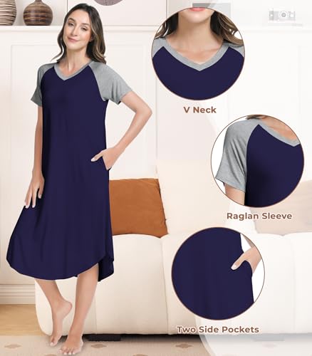 Image of NACHILA Women's Nightgowns-Viscose Made from Bamboo, Soft Sleepshirt Short Sleeve Nightshirt V Neck Sleepwear Cool Loungewear