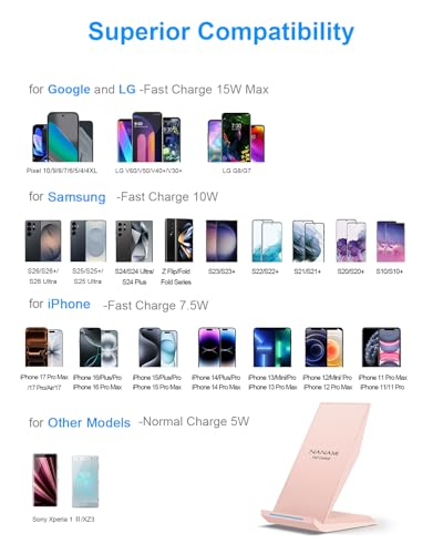 Image of NANAMI Wireless Charger - Wireless Charging Stand Compatible with iPhone 17 /17 Air /16 /15 /14 /13 /12 /11 Pro, 10W Phone Charger Dock Desktop Charging for Samsung Galaxy S26 /S26+ /S25 /S24 /S23 /S22 /S21 /S20