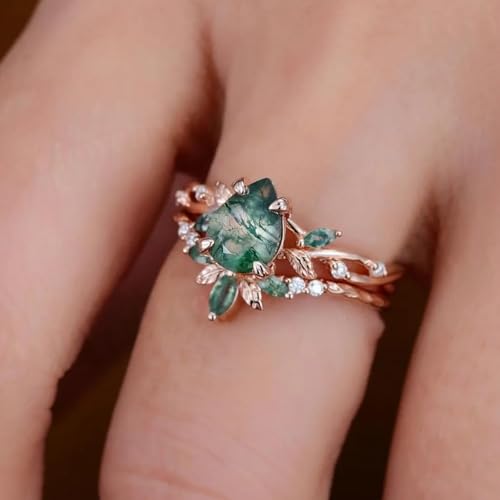 Natural Moss Agate Ring Set Unique Leafy Moss Agate and Moissanite Engagement Rings for Women S925 10K/14K/18K Gold Nature Inspired Wedding Bridal Set Free Engraving2