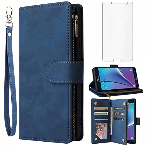 Asuwish Compatible with Samsung Galaxy Note 5 Wallet Case Tempered Glass Screen Protector and Flip Cover Card Holder Cell Accessories Phone Cases for Glaxay Note5 Gaxaly Notes 5s Five Women Men Blue