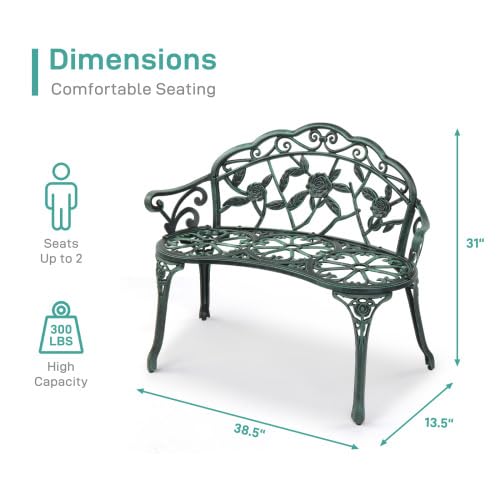Bonnlo Gartenbank Metall Aluminium Rose, wetterfeste Sitzbank für 2 Sitzer, antike Sitzbank mit Rückenlehne, Bänke für Terrase, Balkon, Garten, Hof, antike Grün