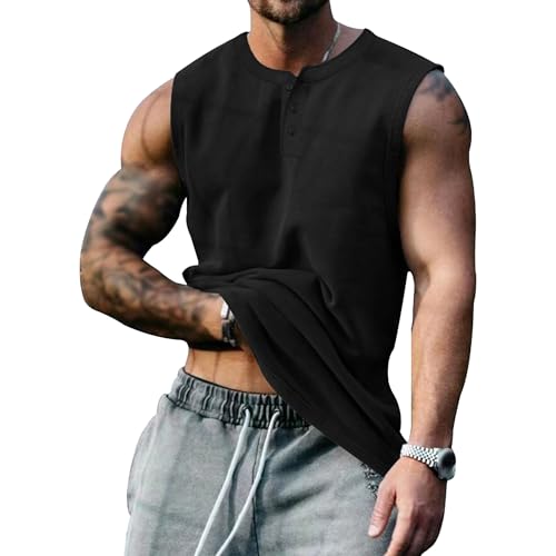 Tiwate Herren Henley Tank Gym Muskel Workout Männliche Ärmellose Rundhalsausschnitt Knopf Sportliche Fitness Henley Tanks (Schwarz,XXL)