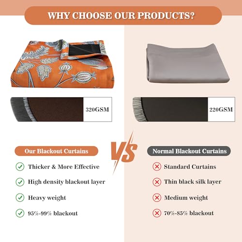 Image of MYSKY HOME Orange Floral Blackout Curtains & Drapes 95 inch Curtains 2 Panels Set for Living Room Bedroom Boho Farmhouse Elegant Curtains Heat Block Sound Reduce Drapes with Patterned Bird Design
