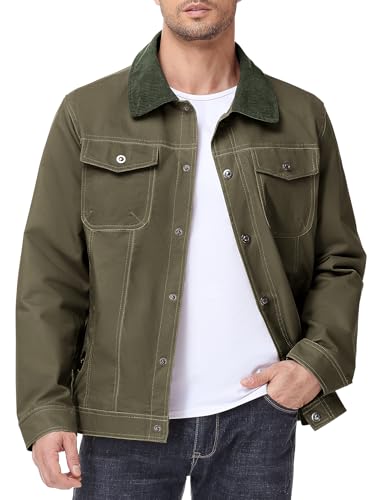 Eisctnd Men's Cotton Canvas Trucker Jacket with Corduroy Collar, Plaid Flannel Lined Workwear...