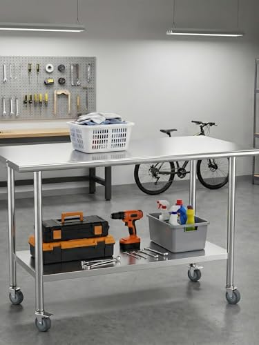 Image of Atelicf All-Stainless Steel Prep Table, 24 X 48 Inches, with Casters and Adjustable Undershelf, Heavy-Duty Build for Outdoor Use,Restaurants,Hotels,Workshops,Kitchens,Gardens, and Garages