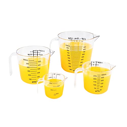 PLENTYFY Messbecher Kunststoff 4-tlg. - Messbecher mit den Maßangaben: ML - OZ - Cup - Messbecher mit Skala Rührbecher für die Küche transparent Cover