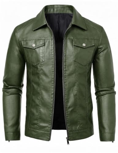 Green Leather Jacket Men Faux Leather Moto Biker Coat Outwear