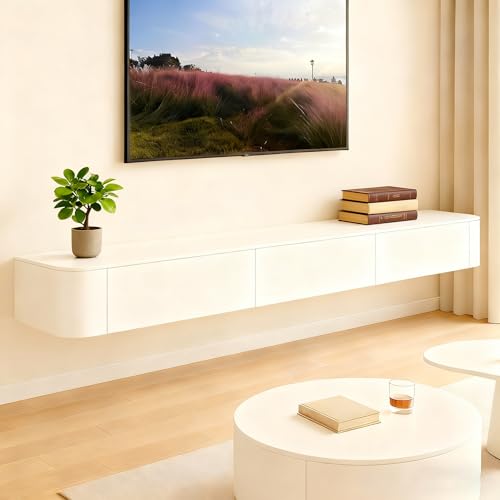 Image of Floating TV Stand Wall Mounted,Solid Wood Floating TV Stand, Wall Entertainment Center with Storage Cabinets and Flip Down Doors, Floating for Living Room Bedroom Office (White, 55.2in)