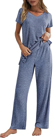 ELESOL Womens Pajamas 2 Piece Lounge Sets Ribbed Knit Matching Outfits V Neck Sleepwear Loungewear