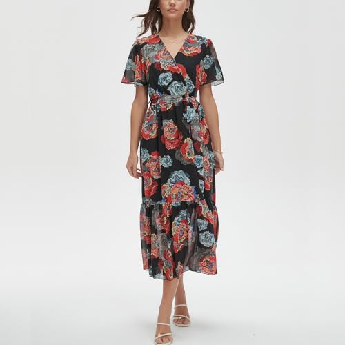 Image of Women's Summer Bohemian Floral Chiffon Dress Cap Sleeve V Neck Ruffle Long Flowy Boho Casual Vacation Dresses