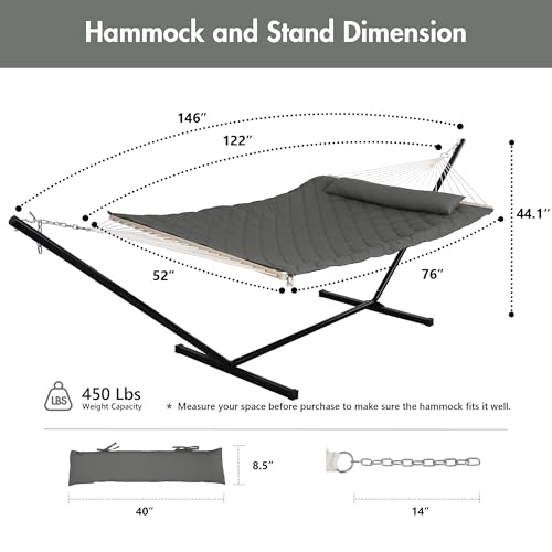 Image of ANOW Heavy Duty Hammock with 12FT Stand, Rope Hammock for Outside, Gray
