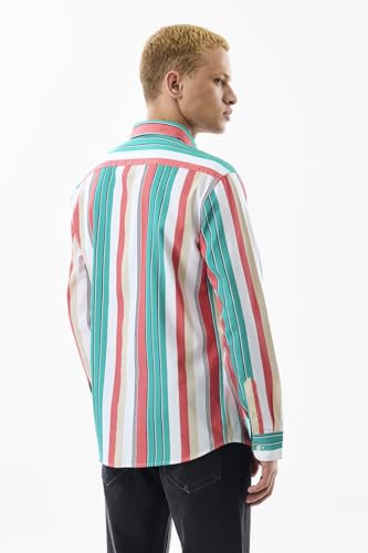 Image of SNITCH Men Casual Shirt | Slim Fit Full Sleeve Button-Down Collar Striped Design | 100% Cotton & Breathable Fabric for Everyday Wear & Semi-Formal Occasions | Teal