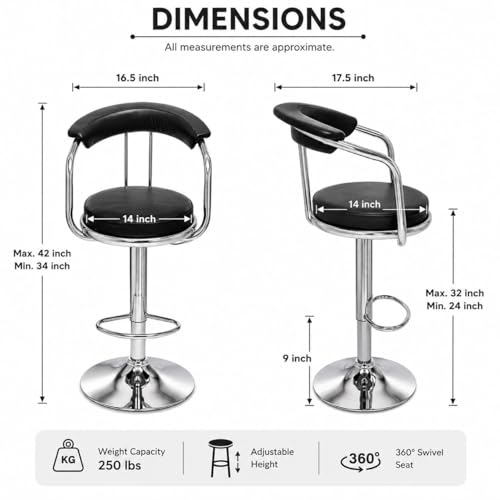 Image of Kemon Modern Adjustable Swivel Bar Stool Chair with Backrest, PU Leather Hydraulic Counter Stool with Footrest for Kitchen Island, Cafe & Home Bar (1, Black, Round Barrel Stool)