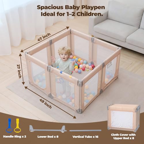 Image of Foldable Baby Playpen, 47 inchx49 inch Collapsible Play Pen for Babies Toddlers, 360 Vision Mesh Play Yard with Zipper Gate, Adjustable Shape Safety Baby Fence with Handles, Portable Indoor Outdoor, Khaki