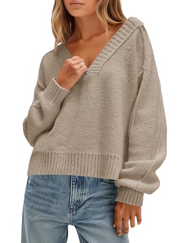 Saodimallsu Womens V Neck Pullover Sweaters Casual Knit Long Sleeve Loose 2025 Fall Cropped Tops