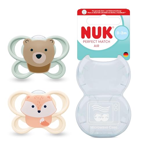 NUK Perfect Match Air Chupete | 0 2 meses | Chupetes ortodónticos que facilitan la ventilación y evitan la irritación | 95% de aceptación por parte de los bebés** | Oso/Zorro | 2 unidades