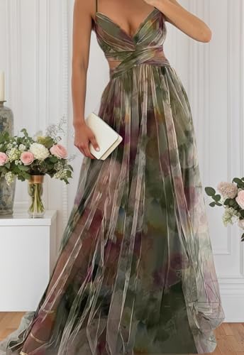Women's Floral Print Tulle Prom Dresses Spaghetti Straps V Neck Formal Party Gown A Line Bridesmaid Dress2