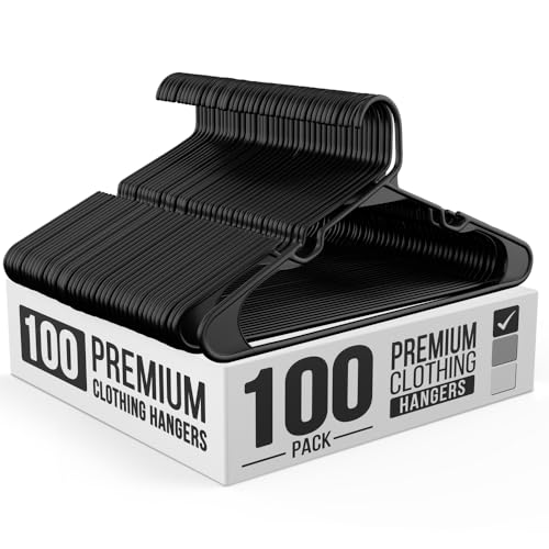 Our Modern Space 100 Pack Adult Plastic Hanger for Shirt Pants Coats Dresses Skirts Suits Jackets - Standard Thick Coat Hanger - Sturdy & Durable Design with Shoulder Grooves Hook - Black