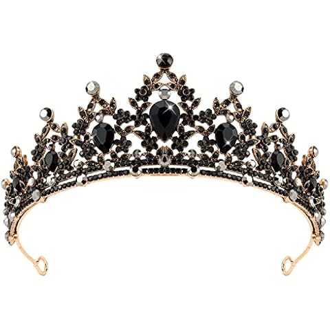 CAVETEE Black Crown for Women Gothic Crown Headpiece Halloween Decorations Birthday Tiara Vintage Rhinestones Black Baroque Queen Crown Wedding Bridal Crown Black Tiaras and Crowns for Women Girls Cover