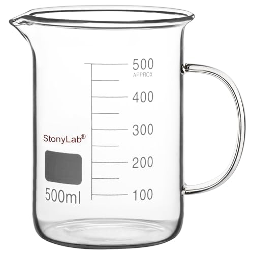 Image of stonylab Glass Beaker with Handle, Borosilicate Glass Graduated Low Form Griffin Beaker with Handle and Pouring Spout, 500 ml