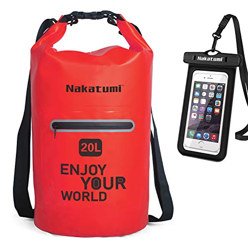 Discovery Adventures - Bolsa seca impermeable para kayak, natación, camping, canoa, navegación, pesca, rafting, color Bolsa seca roja+funda para teléfono, tamaño 20 L