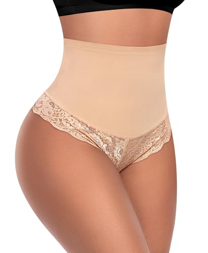 Image of Werena Tummy Control Thong Shapewear for Women Mid High Waisted Body Shaper Underwear Lace Shaping Thong Girdle Panties