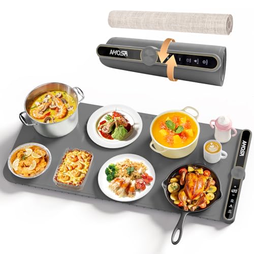 AMOSA Warming Mat for Food Fast Heating Electric Food Warmer with 9 Level Temperature & 6 Hours Timer Extra Large Roll-Up Silicone Warming Tray Portable Food Warming Mat for Buffets Party (Grey)