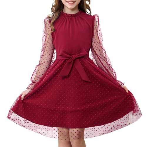 Rolanko Mädchen Puff Langarmkleid, Hohe Taille mit Gürtel A-Linien Rüschenkragen Kontrast Mesh Prinzessin Party Tüllkleid, Rot, 11-12 Jahre, 160
