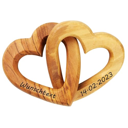 Kassis Geschenkartikel Personalisierte Olivenholz-Herzen für Brautpaar, zum Valentinstag, Jubiläum, Hochzeitstag, Geburtstag - verbundene Holz-Herzen - Hochzeitsgeschenk - (7,50 cm)