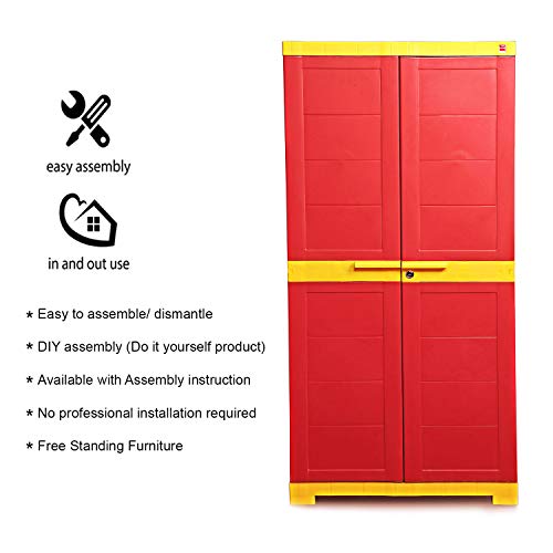 Image of Cello Novelty Big Plastic Cabinet with Dustproof Doors| 3 Year Warranty | Almirah, Cupboard, Wardrobe for Home, Living Room, Bedroom, Kitchen, Office, Outdoor| Red & Yellow Colour