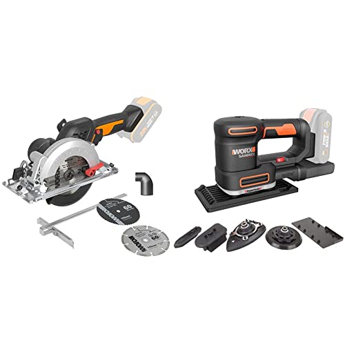 WORX WX531.9 Sierra Circular Brushless Worxsaw 20V S/Bat, 20 V, Negro + WX820.9-Multilijadora 5 en 1 (Orbital, excéntrica, Detalle Curva y Dedo) 20V S/Bat, 20 V, Negro