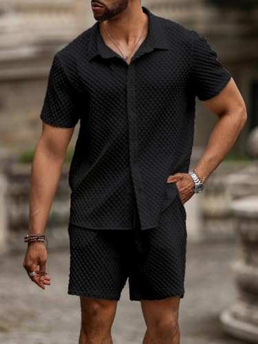 Image of Zilcon Men's 2 Piece Outfit Casual Short Sleeve Button Down Shirt Beach Summer Loose Pant Sets