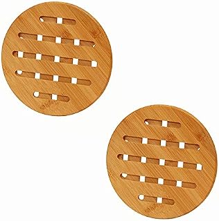 2 Pcs Round Bamboo Wooden Pot Stand Non-Slip Trivet Mats Multi-Purpose Pan Pot Protectors for Kitchen Table Mats Hot Pots Pans Spoon Bowl Dish Rest and Kettles