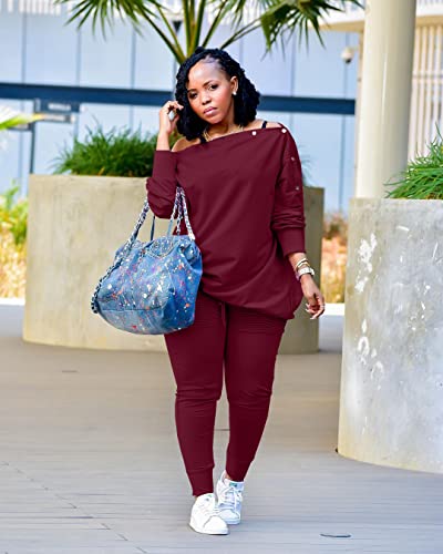 Wuitrie Women's Plus Size 2 Piece Sweatsuits Button Off Shoulder Pullover And Ruched Sweatpants Two Piece Outfits Tracksuits #TOP1
