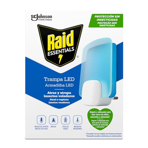 Raid Essentials Trampa LED Antimoscas, Antimoscas de Fruta y Antipolillas, Sin Insecticida, Seguro para Toda la Familia, Inodoro y Sin Residuos, Uso Interior, 1 Aparato y 1 Recambio.