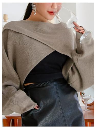 Image of RoseSeek Women's Boat Neck Criss Cross Wrap Crop Sweater Long Sleeve Knit Pullover Tops Grey Large