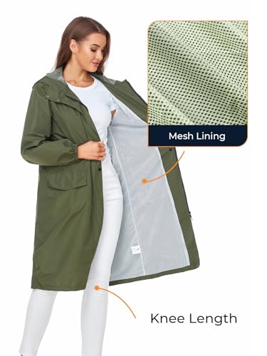 SaphiRose Lange Damen-Regenjacke, wasserdicht, leicht, mit Kapuze, verstaubar, knielang, Regenmantel, Grün , M