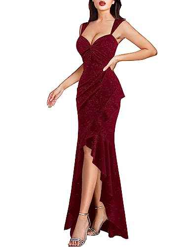 Image of VFSHOW Womens Glitter Sweetheart V Neck Twist Front Backless Ruched Ruffle Slit Formal Evening Gown Maxi Dress