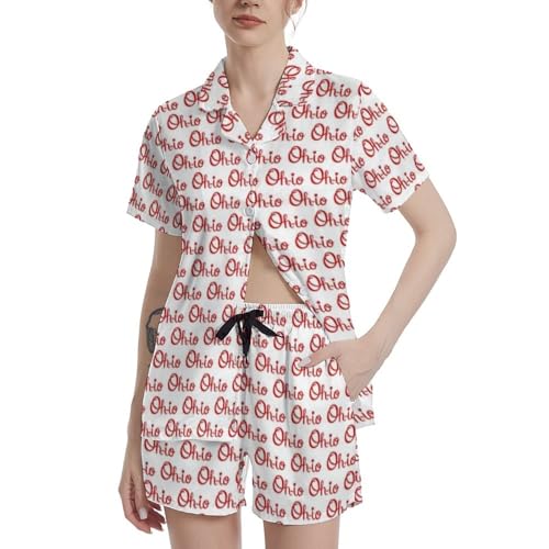 Carwayii Ohio Map State Flag Womens Pajamas Set Pajama Two Pieces PJ Sets Loungewear Sleepwear Ladies Lounge Pjs